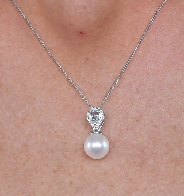 Pearl and Blue Topaz and Diamond Pendant Necklace in 9K White Gold